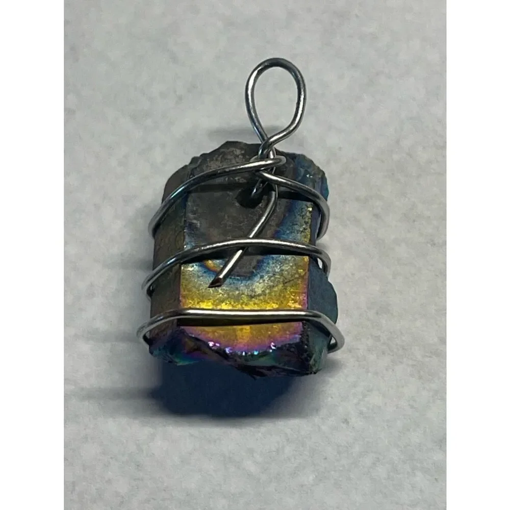Handmade Small Rainbow Titanium Aura Stone Pendant Wrapped in Silver Wire